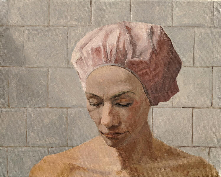 painting of a woman in a bathroom with a pink shower cap on