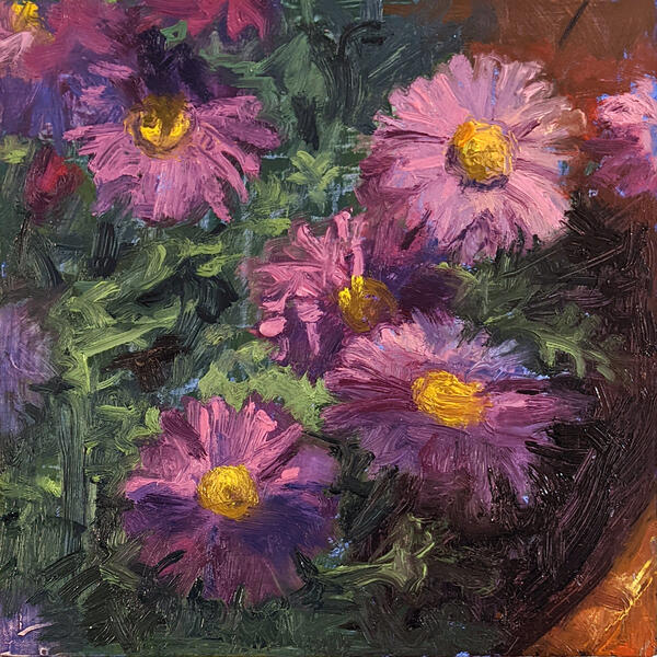 "Asters May 10", 2022, oil on panel, 6" x 6"; small painting of purple asters