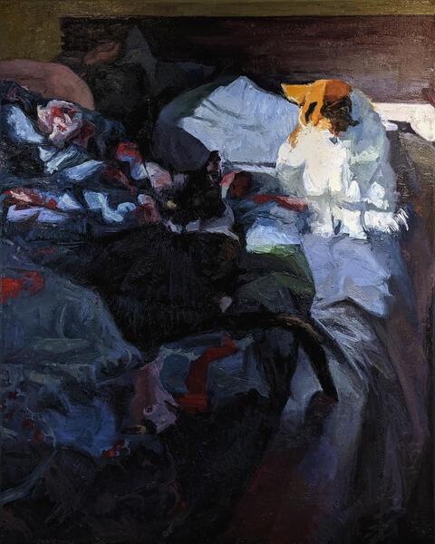 "Break", 2021-22, oil on linen, 30" x 24"; painting of cats on a bed with sunlight