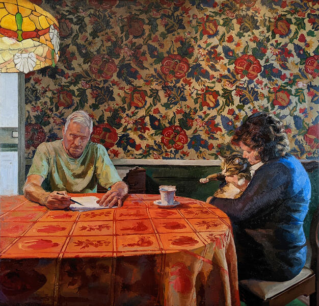 "Exit", 2020-21, oil on linen, 46" x 48"; painting of two people at table with cat and patterned wall paper