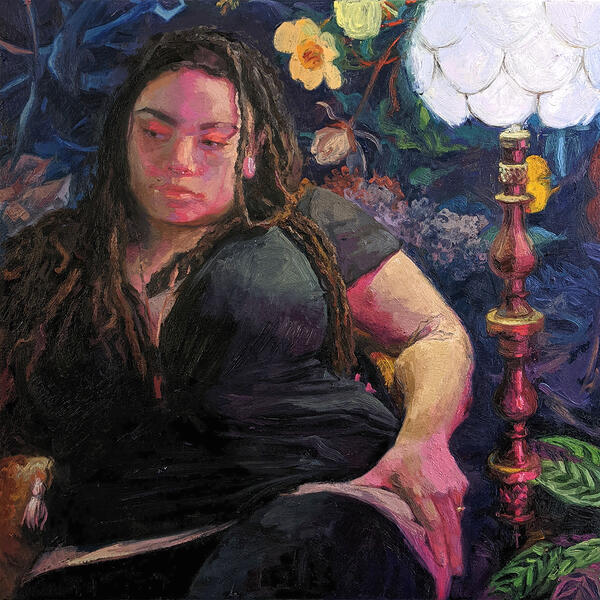 "Phosphorescence", 2022, oil on linen, 20" x 20"; painting of woman with lamp and plants