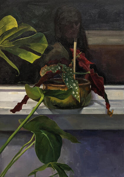 "Night Creatures", 2021, oil on linen, 20" x 14"; painting of plants with self portrait reflection in window