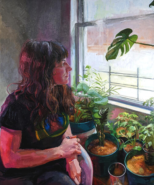 "Echo", 2021-22, oil on linen, 48" x 40"; painting of woman at window with plants