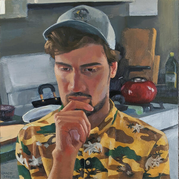 painting of a young adult man in a domestic kitchen setting in contemplation wearing a yellow pattern shirt