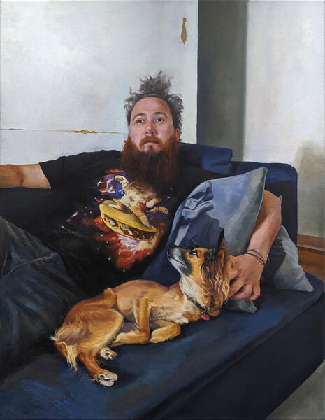 painting of a man lounging on a sofa with unkempt long hair petting a dog