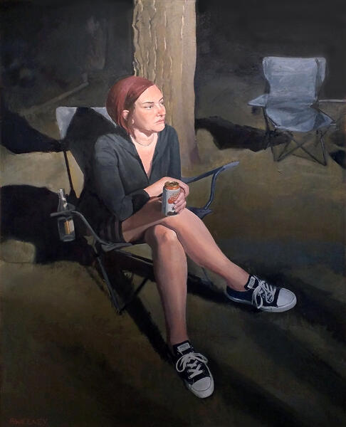 painting of a woman outside in a chair at night with a beer