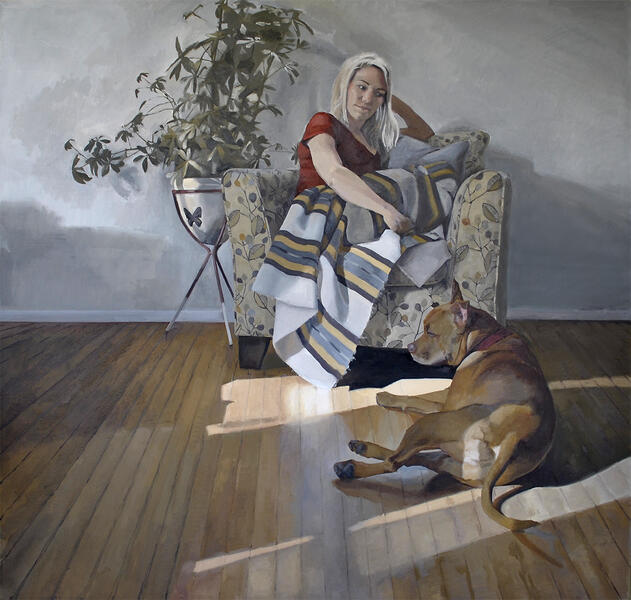 painting of a woman in a chair with her dog at her feet