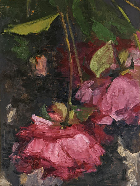 "Peony May 28", 2022, oil on panel, 12" x 9"; small painting of drooping peony flowers in the sun