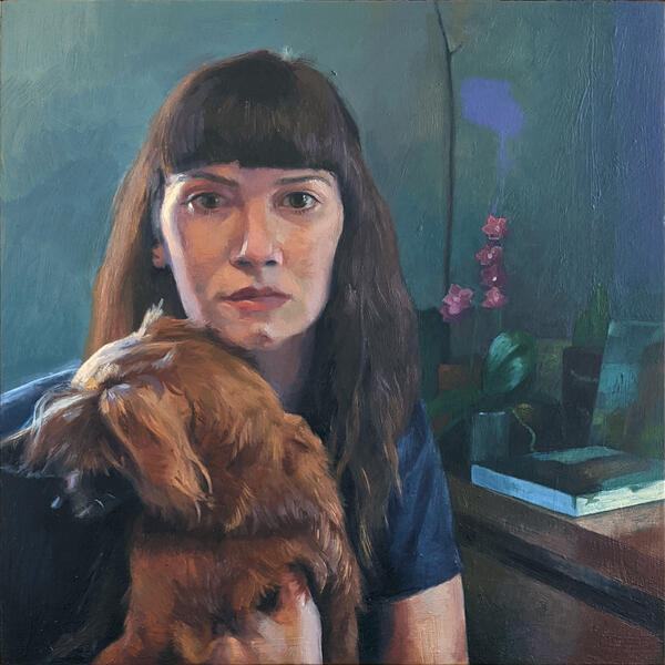portrait of the artist clutching a small dog 