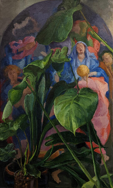 "Vegetal Icon", 2022, oil on canvas linen blend, 30" x 18"; painting of plants in front of Pontormo's deposition