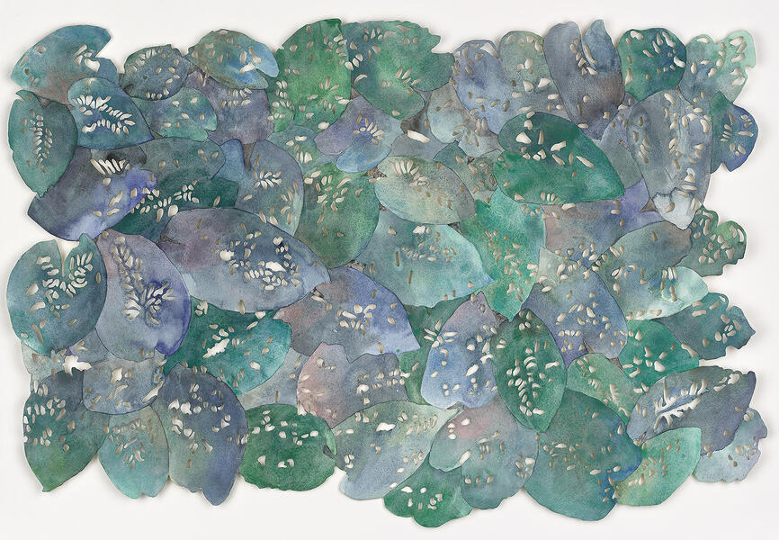 Holey Leaves, Emerald, 2019, Watercolor on laser cut paper, 24” x 36”  