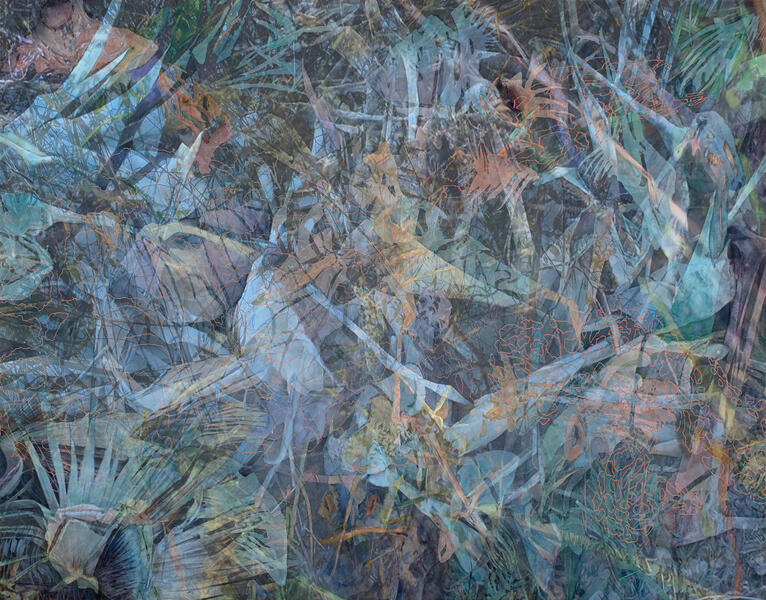 Hidden in the Slag, 2019, Watercolor, archival pigment print on paper and framing Plexiglass, 33” x 41”