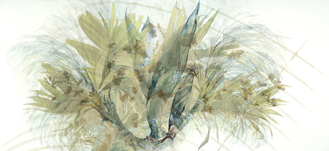 Five Stages of the Palm with Bees, 2012-14, Watercolor, archival piment print on paper, 29” x 63”