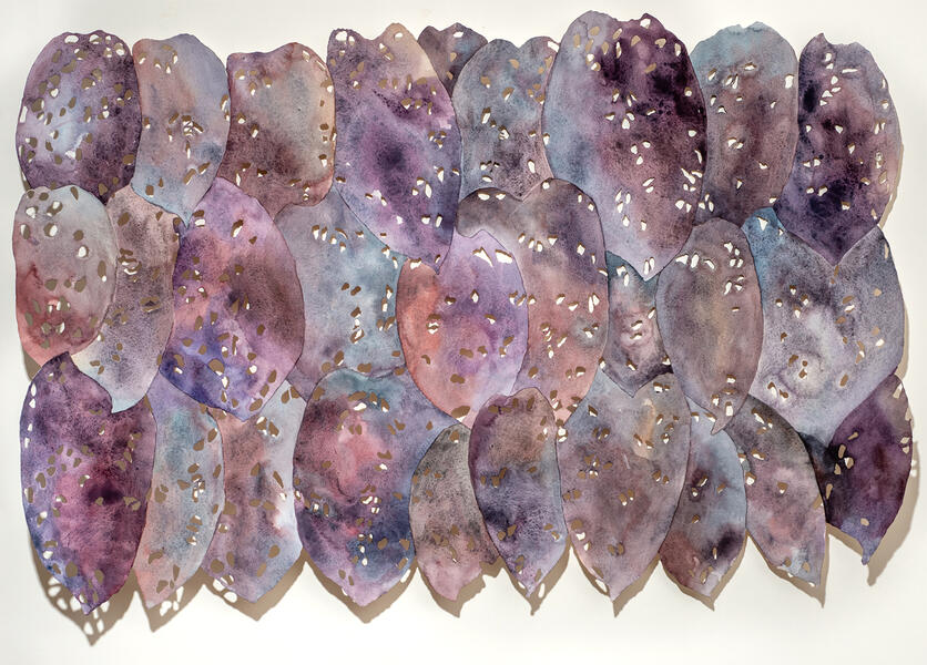 Holey Leaves, Violet, 2019, Watercolor on laser cut paper, 24” x 36”