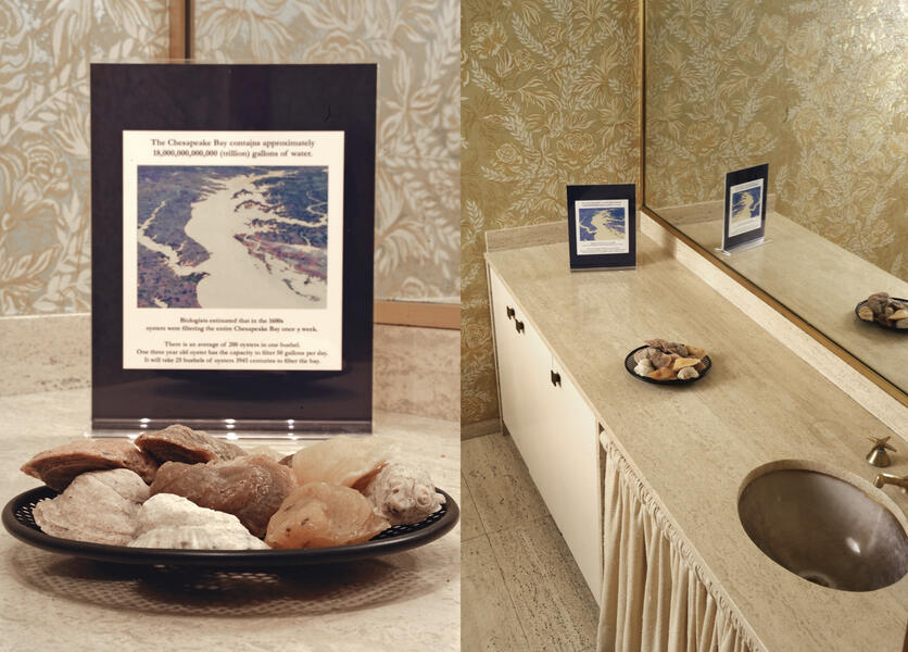 left: A detail image of soap oyster shells and written informational placard about the chesapeake bay.  Right: a pulled back image of the context, a bathroom. 