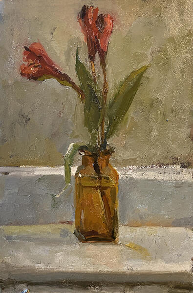 Freesias in a Brown Glass