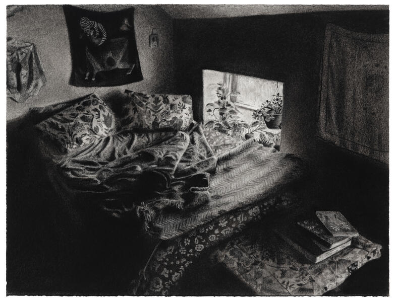 charcoal drawing of a bedroom