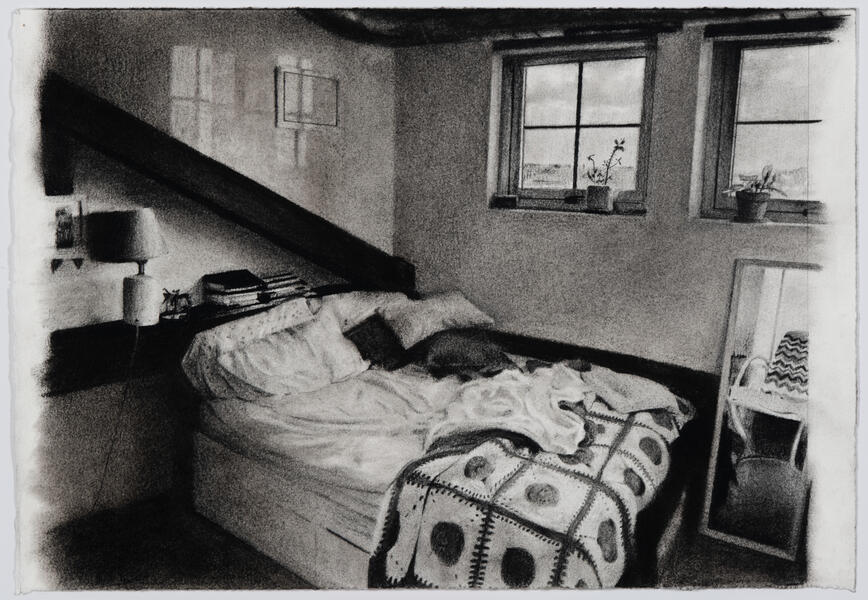 charcoal drawing of a bedroom