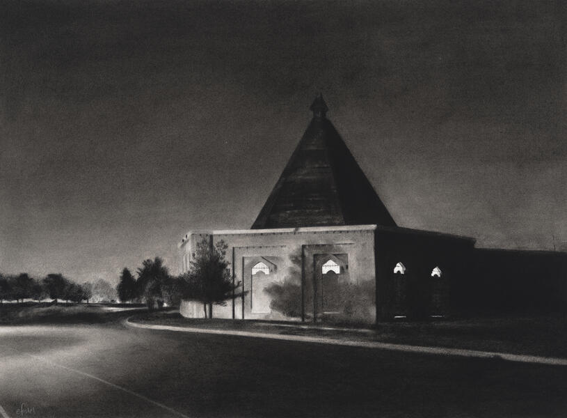 Charcoal drawing of Montebello pump house