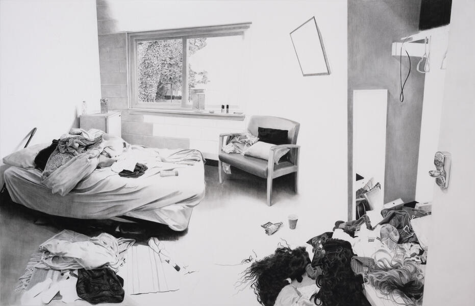 Black and white drawing of a messy bedroom