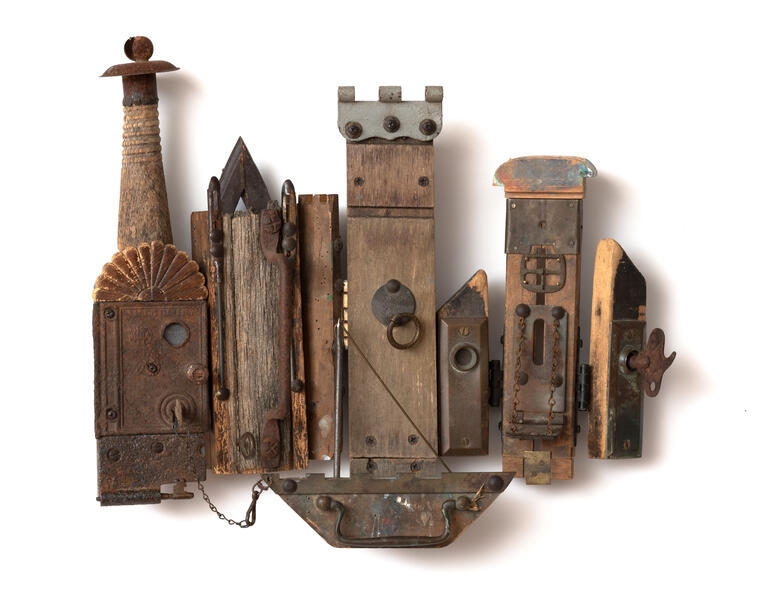 assemblage, wall relief, found objects, townscape, mixed media