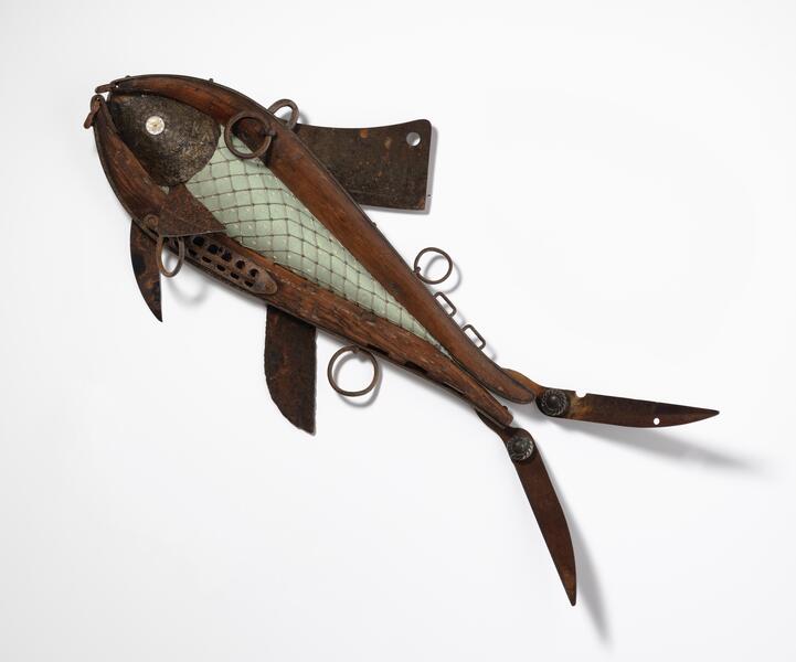 found objects, wall sculpture, fish, environmental, mixed media, repurposed
