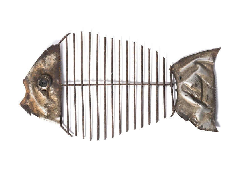 found objects, wall sculpture, fish, environmental, mixed media, repurposedn