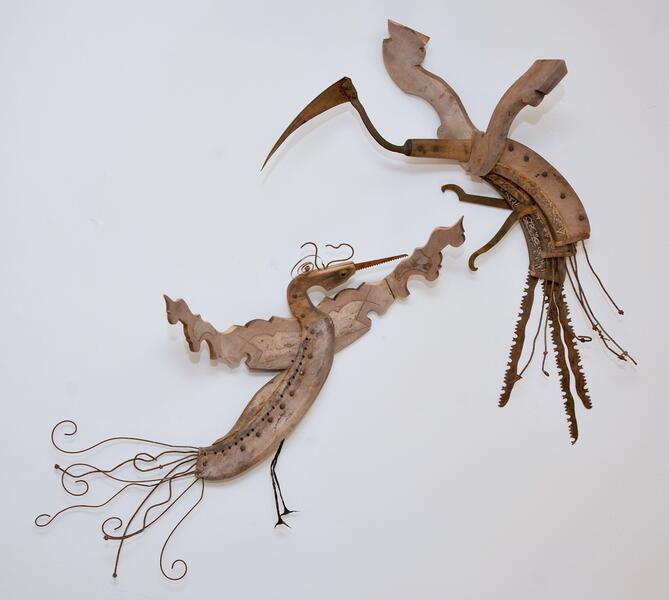 bird, found objects, assemblage, wall sculpture, repurposed, tools