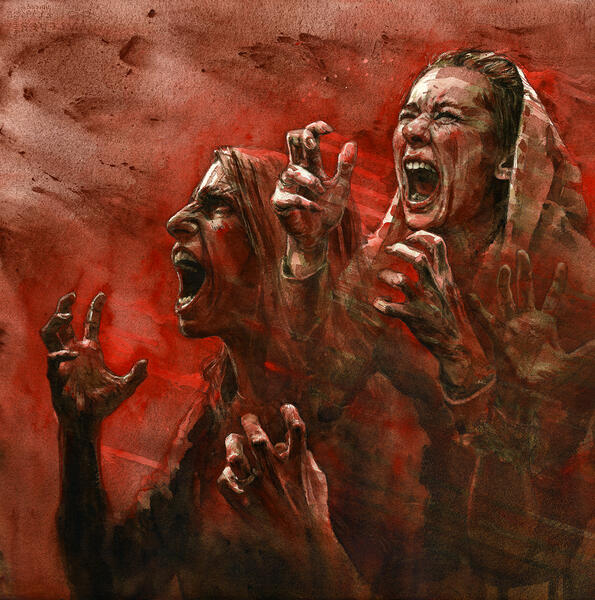 "Two Furies," watercolor of two women screaming