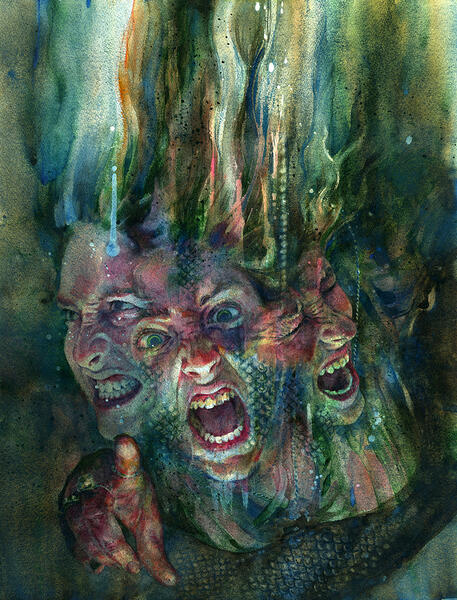 "Too Late," watercolor of a scary mermaid