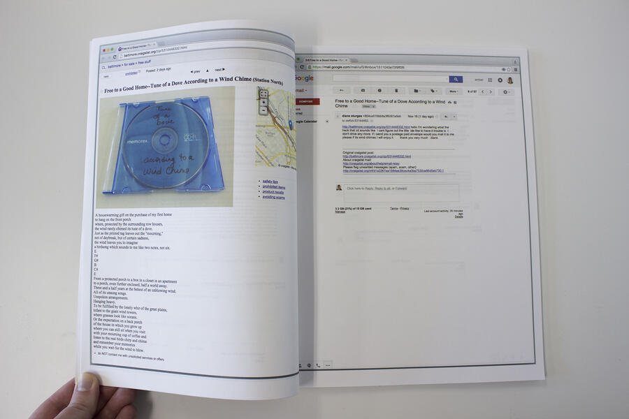 Two-page spread of book held open at the left-hand corner with screenshots from Craigslist and Gmail
