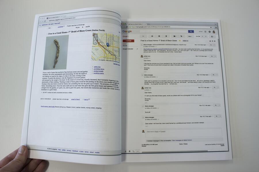 Two-page spread of book held open at the left-hand corner with screenshots from Craigslist and Gmail