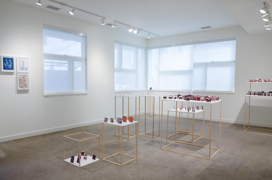 Gallery space with modular sculptures made of wood frames and white surfaces with small images on top of them