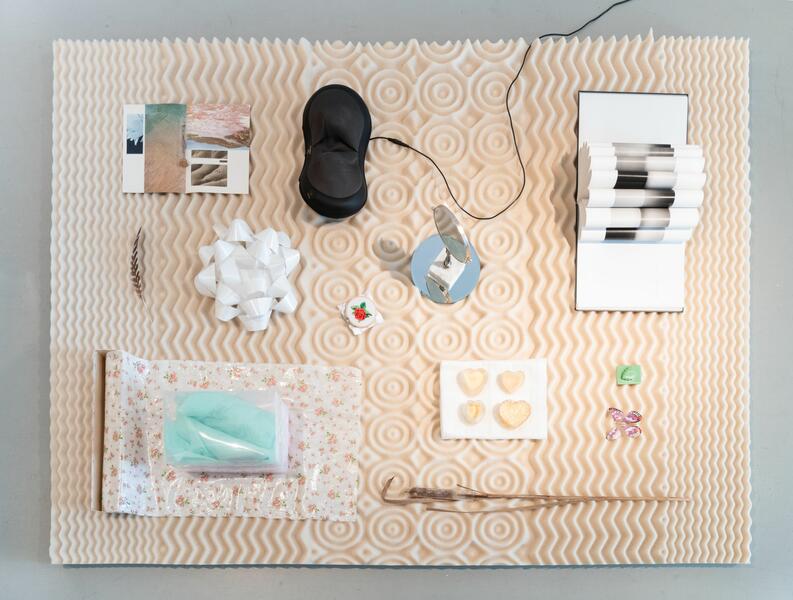 Found objects arranged neatly on top of a tan-colored mattress topper, viewed from above
