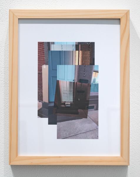Digital collage picturing a front door in a wooden frame