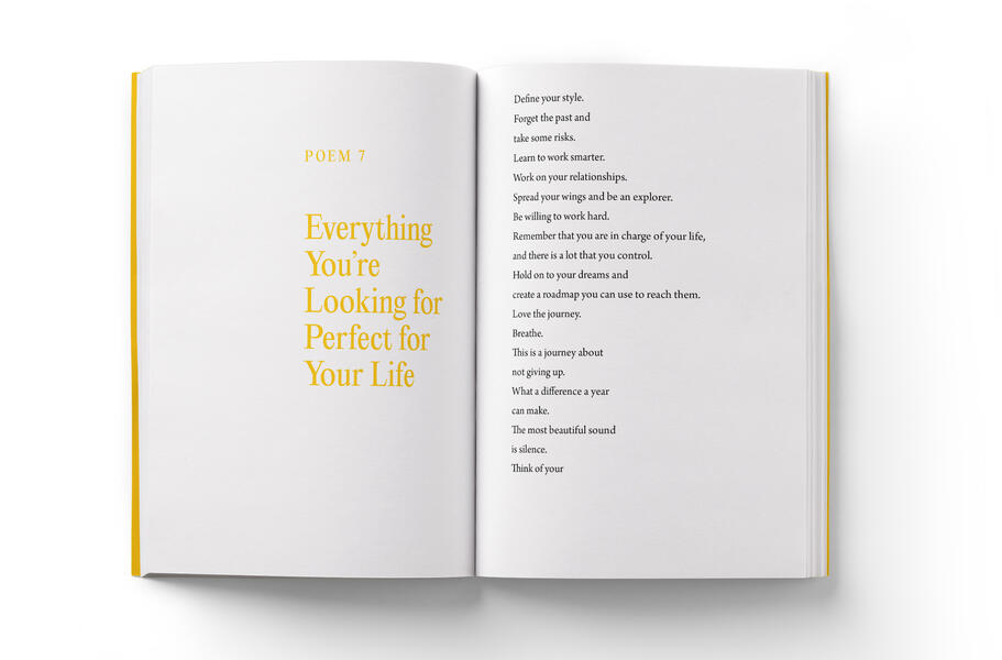 Two pages from a book with a poem titled: Everything You're Looking for, Perfect for Your Life