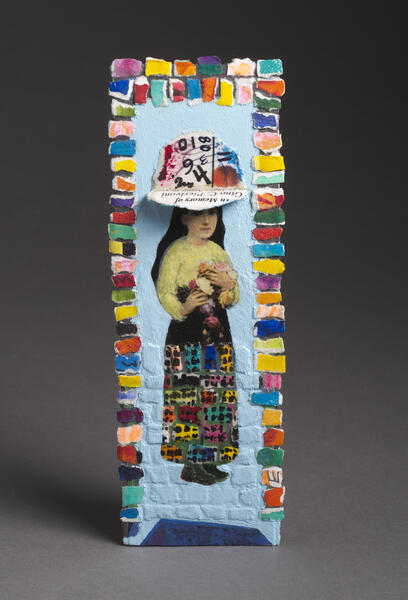 St. Theresa, statues, installation, my father, funeral cards, death, holy, shelves, memorial, patron saint, painting, collage