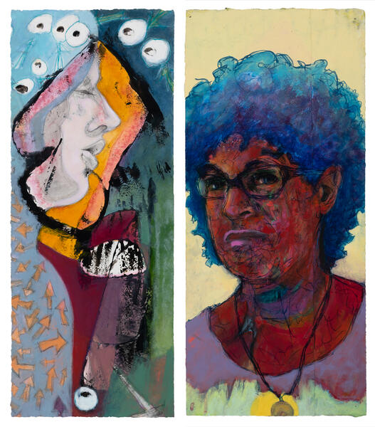 Two mixed media portraits painted on two long thin strips of paper.