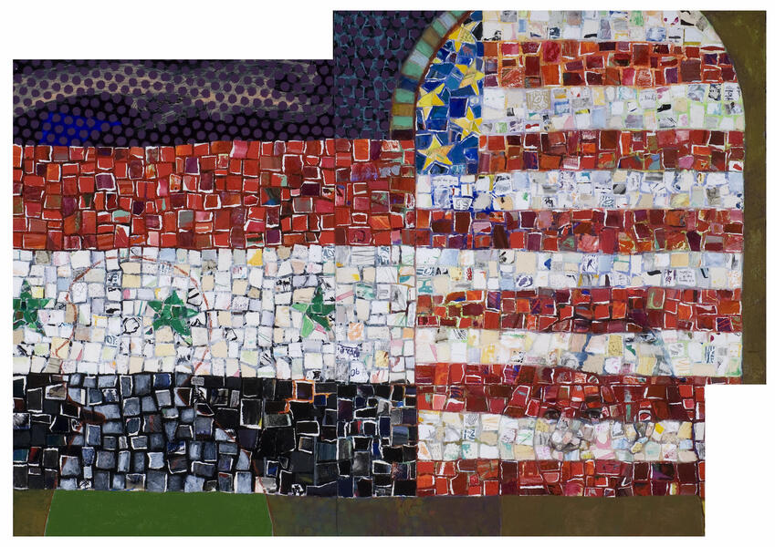 flags, US flag, Afghanistan flag, mixed media, portraits, paintings, stars, stripes, collage, real people, torn paintings, edges, blur