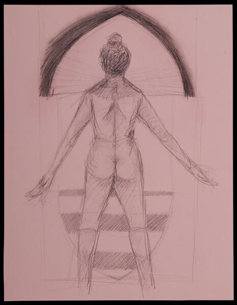 drawing, toned paper, human arrow, woman, power