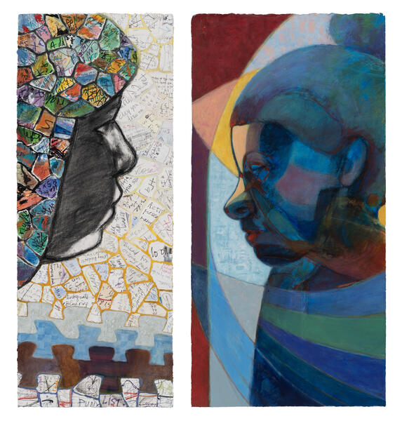 Two mixed media portraits painted on two long thin strips of paper.