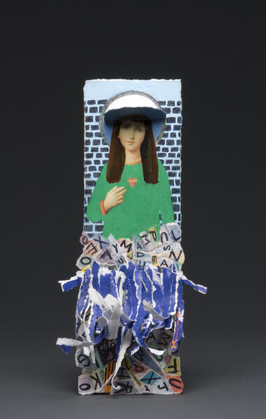 modern, Mary, statues, installation, my father, funeral cards, death, holy, shelves, painting, collage
