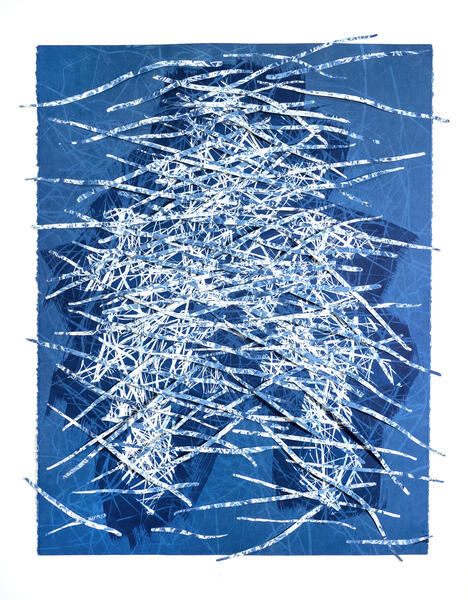 Collaged strips of blue and white paper on top of the outline of an abstracted lung shape.