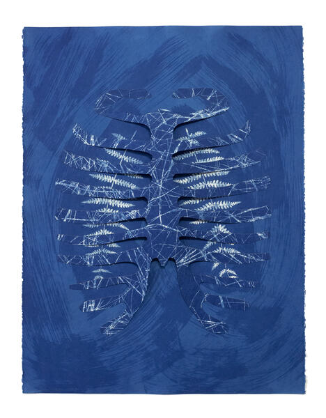 Blue paper with collage paper rib cage on top