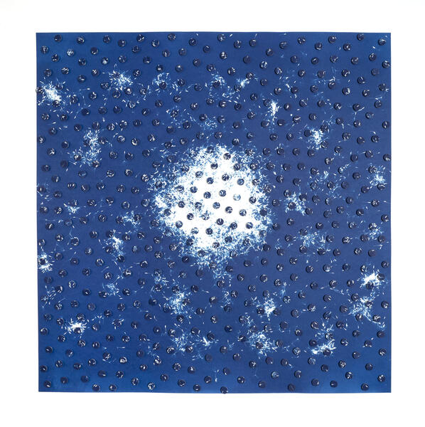 Blue square background with white outlines of dandelion seeds with hole punched dots scattered evenly across the paper.