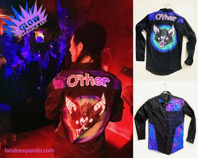 A photo collage showing the front and back, as well as a modeled shot, of a hand painted long sleeved button up shirt by Landis Expandis. There is a bat face on the back, as well as the word "OTHER."