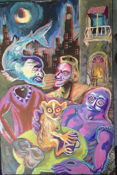 Acrylic painting that has a 3D effect with red and blue glasses. Three otherworldly figures are sitting a table for tea, a lemur sits on top of the table. A night city scape is the background.