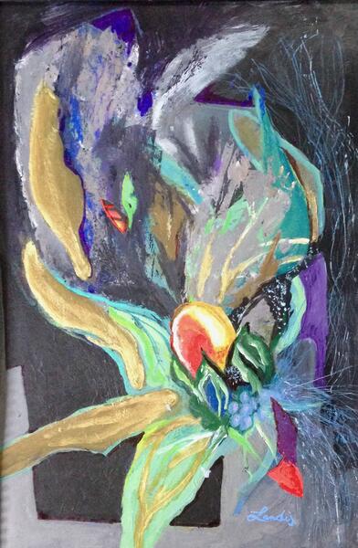 Abstract painting by Landis Expandis. Black and grey background, mostly mint green painted almost like a lily shape, with gold, red, purple and pastel pops of color.