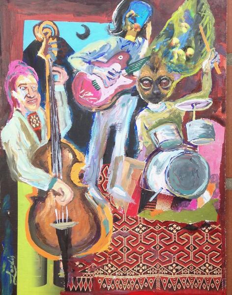 Acrylic painting with collage elements by Landis Expandis. A trio of musicians, humans playing upright bass, electric guitar, and a lemur on drums.