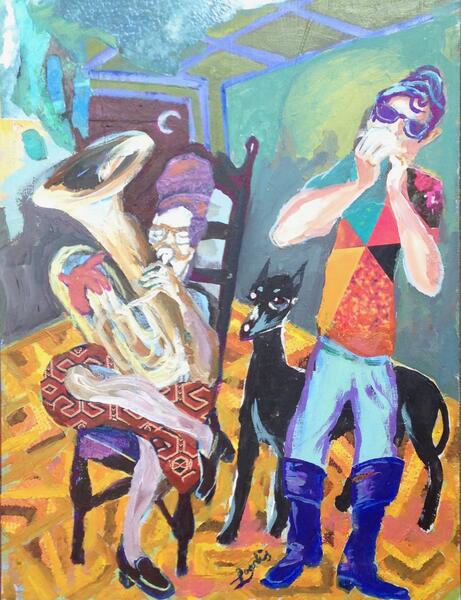 Acrylic painting with collage elements by Landis Expandis. A trio with a tuba player, a harmonica player, and a doberman.